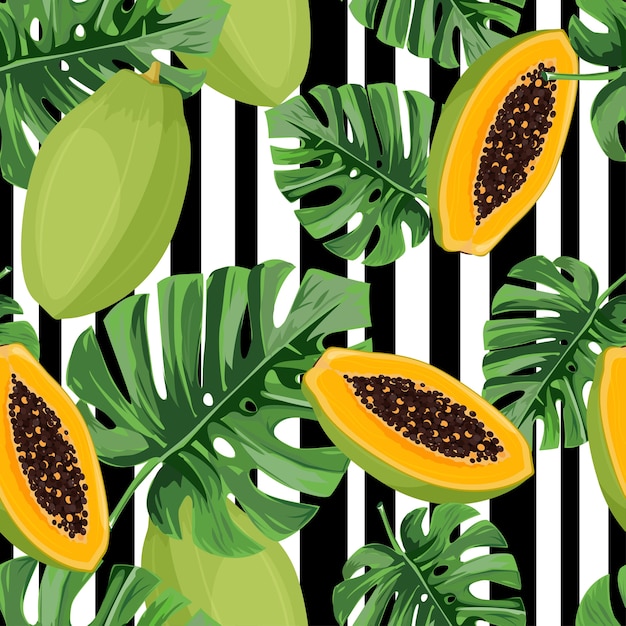 Vector exotic seamless pattern with monstera leaves and papaya.