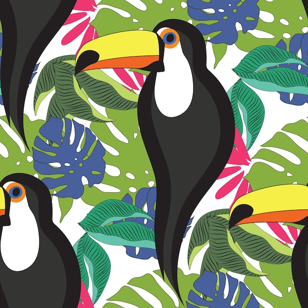 Vector exotic seamless pattern with tropical toucan birds and colorful leaves on white background