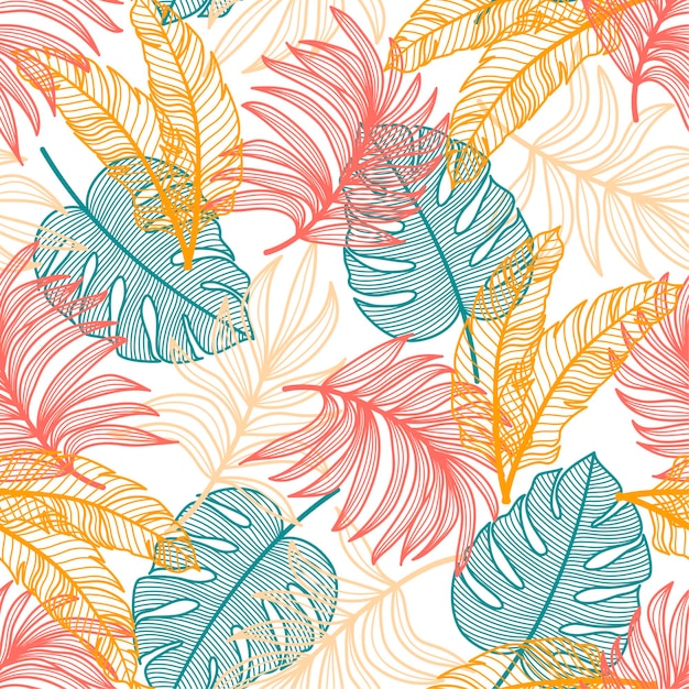 Exotic seamless tropical pattern with colorful plants and leaves on a delicate background