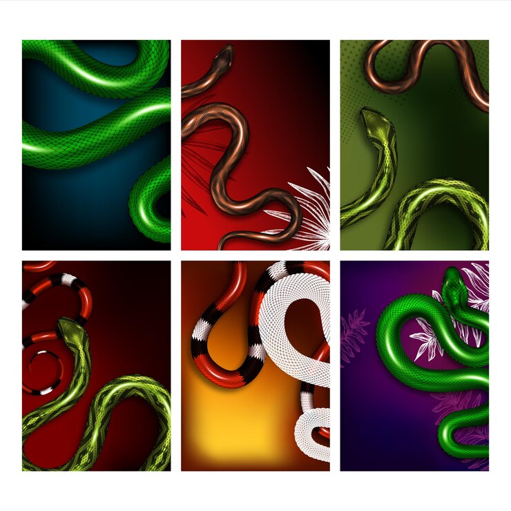 Vector exotic snakes show advertising banners set vector. collection of creative posters with wild danger snakes. bright multicolored skin vipers. deadly tropical serpent wildlife realistic 3d illustrations