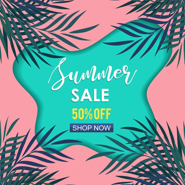 Exotic summer sale banner with palm leaves