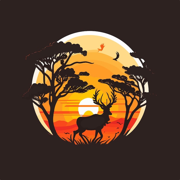 Exotic sunset deer silhouette flat logo design