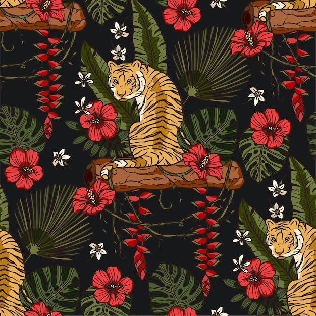 Exotic tropical animal wild tiger seamless pattern with hibiscus rose and heliconia flower