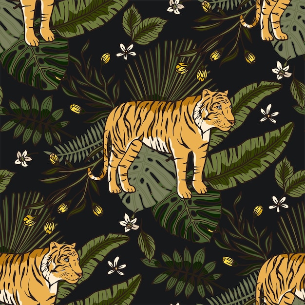 Exotic tropical animal wild tiger seamless pattern with palm monstera leaves