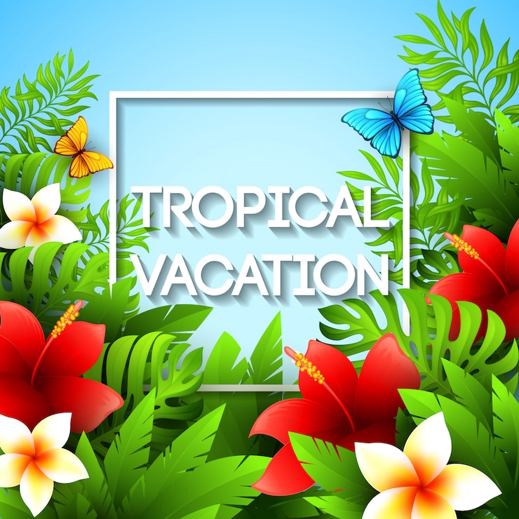 वेक्टर exotic vacation. illustration with tropical plants and flowers
