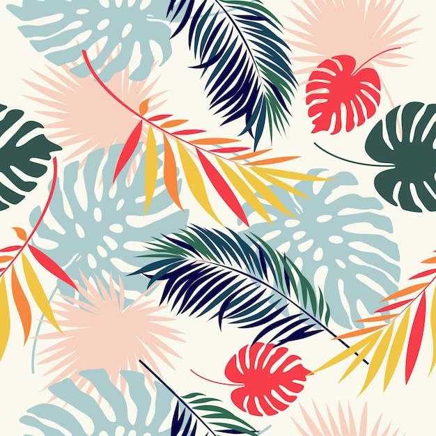 Vector exotic, vibrant botanical background design. vector seamless drawing with colorful tropical leaves on a white background.