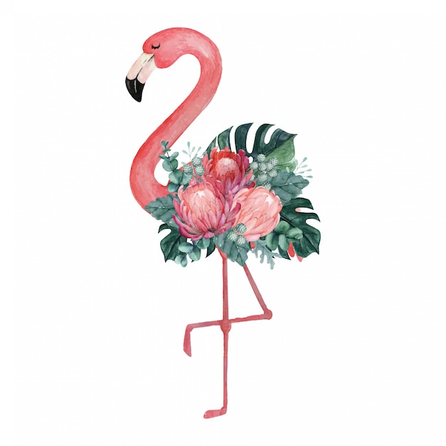 Vector exotic watercolor flamingo illustration with tropical floral arrangement