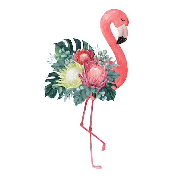 Exotic watercolor flamingo Illustration with tropical floral arrangement