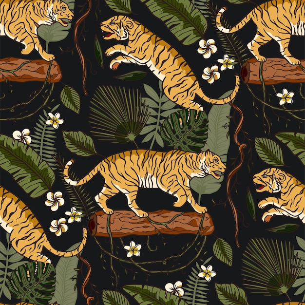 Exotisch tropisch dier wild tijger naadloos patroon met palmmonsterabladeren
