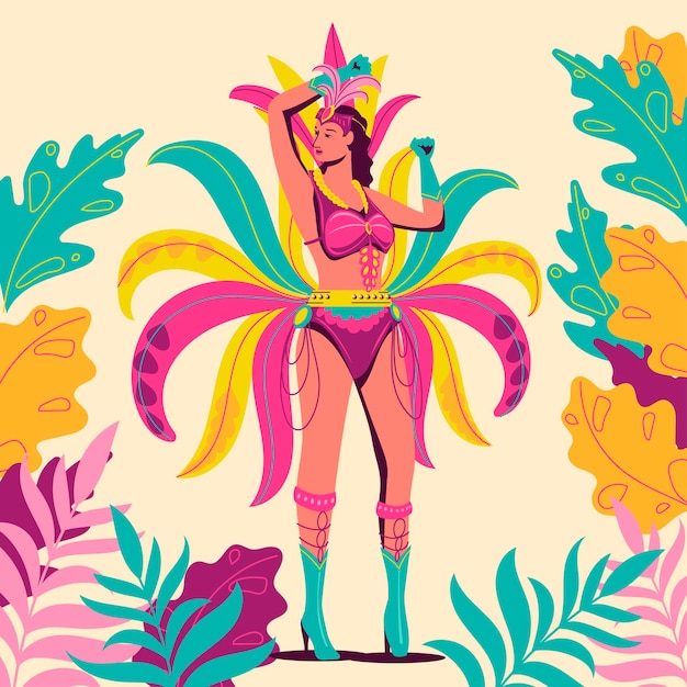 Exotische braziliaanse carnaval-danseres met tropisch gebladerte