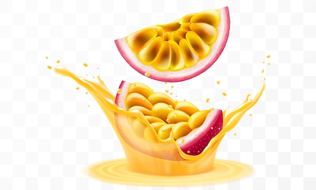 Exotische tropische passievrucht valt in een spatje sap of smoothie een spatjes vitamine cocktail