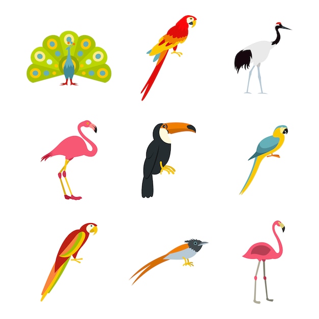 Exotische vogels pictogramserie. Platte set van exotische vogels vector iconen collectie geïsoleerd