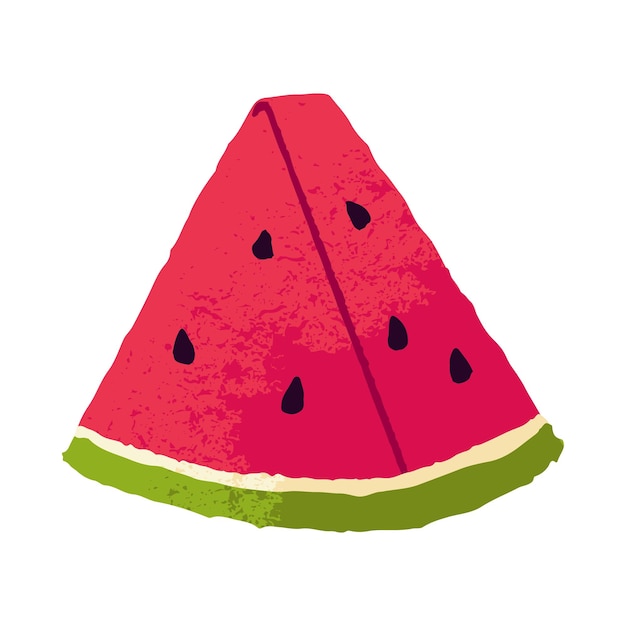 Exotische watermeloen fruit stuk Driehoek gesneden plakje watermeloen met sappig vruchtvlees huid en zaden Verse vitamine zoete tropische gerechten Platte vector illustratie geïsoleerd op witte achtergrond
