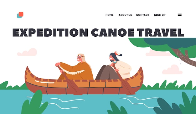 Expedition Canoe Travel Landing Page Template Happy Indigenous Indian American Kids Rowing on Kayak by River