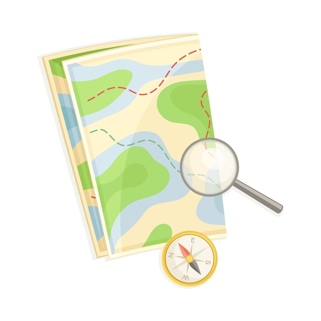 expedition map depicting geography and route of tourist journey with compass and magnifying glass vector illustration
