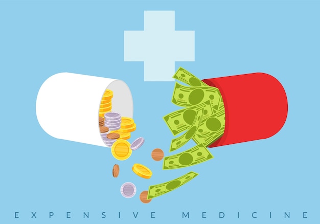 Vector expensive medicine money pill open medical capsule with cash and gold coins cost of pills vitamins and treatment pharmaceutical business vector cartoon flat health care concept