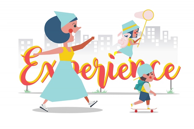 Vector experience concept, mother took her son and daughter out to play outside, cartoon character design flat style