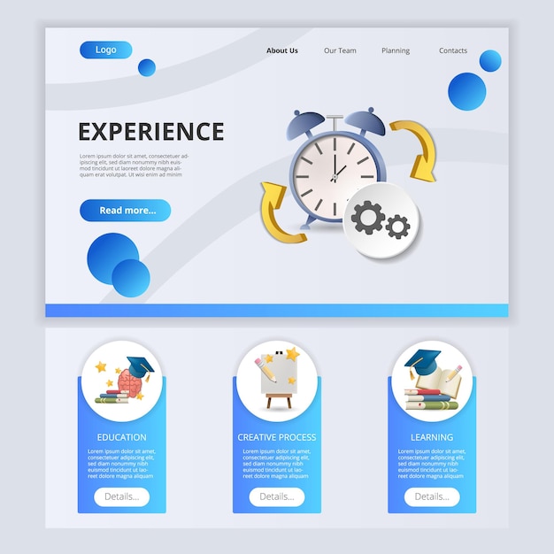 Experience flat landing page website template education creative process learning web banner with