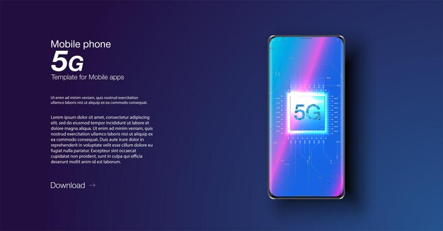 벡터 5g 모바일 기술과 함께 초고속 연결을 경험하십시오. 멋진 스마트폰 디스플레이 다이내