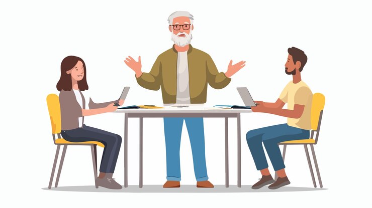 Vector experienced professor educating college students in classroom setting