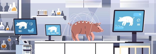 Экспериментальная свинья в современной ветеринарной клинике или лаборатории, анализирующая концепцию исследования биологической генной инженерии здоровья