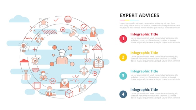 Concetto di consulenza di esperti per banner modello infografica con informazioni sull'elenco a quattro punti