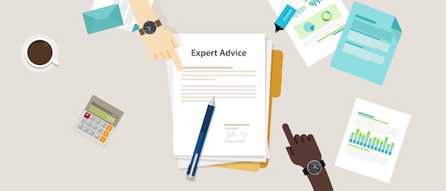 Vector expert advice vector flat illustration concept hand on desk