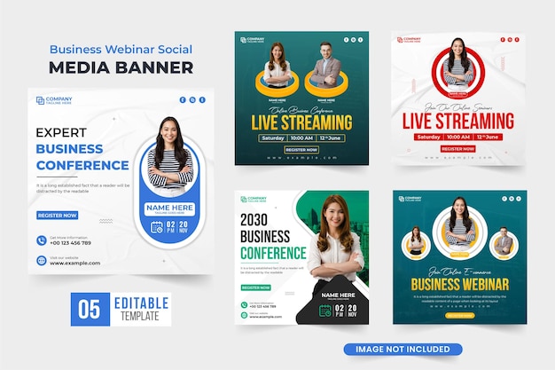 Expert business agency conference template collection for social media marketing web seminar and conference promotional poster set vector office webinar template bundle with photo placeholders