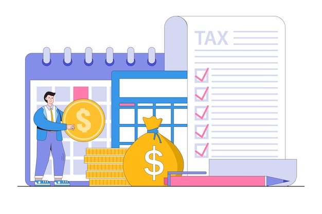 expert complete checklist for all reduction refund and payment and calculating revenue concepts illustrations expertise businessman filing tax form counting income and holding money for pay tax