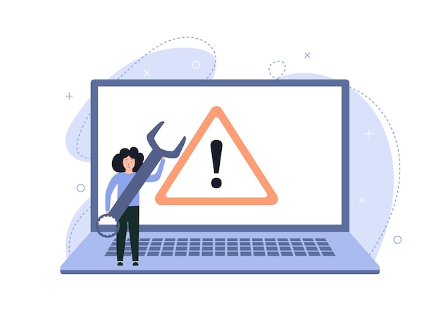 Vector expert diagnose computer operating system problem big warning sign on screen