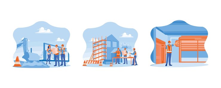 Vector experts inspect commercial building construction sites concept