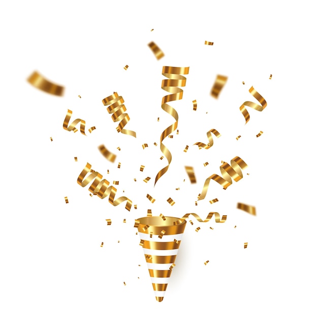 Exploding gold party popper with confetti and ribbon Celebration carnival greeting card Vector
