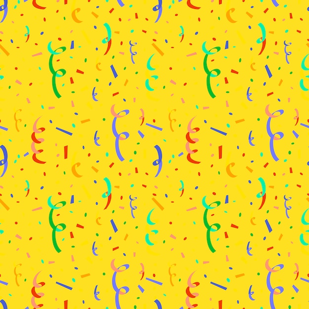 Exploding party popper with confetti, flat seamless pattern on yellow background