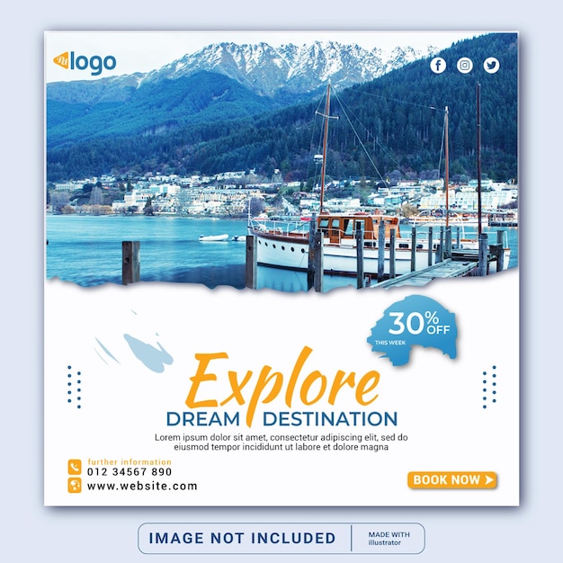 Explore dream destination travel agency social media and web banner template or square flyer