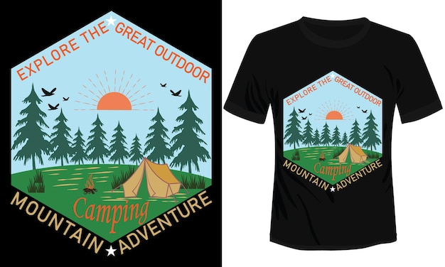 素晴らしいアウトドア キャンプ マウンテン アドベンチャー T シャツ デザイン ベクトル図を探索します。