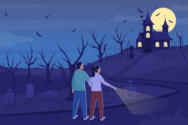 Explore haunted mansion at night flat color vector illustration. Go to creepy cemetary at nighttime for Halloween. Couples 2D cartoon characters with creepy house on hill on background