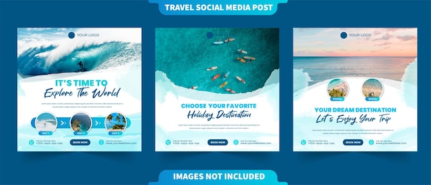 Vettore esplora il concetto di viaggio per le vacanze per i post di instagram e il modello di promozione dell'agenzia di viaggio banner della raccolta di social media