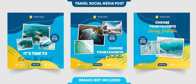 Instagramの投稿と代理店プロモーションテンプレートのソーシャルメディアコレクションバナーの休暇旅行を探索する