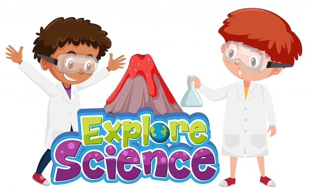 Vettore esplora il logo della scienza e i bambini con l'esperimento scientifico del vulcano