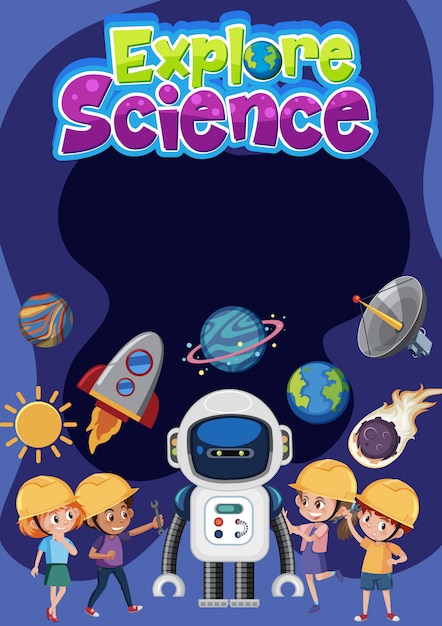 空白のバナーが付いた科学のロゴと、宇宙オブジェクトのエンジニアの衣装を着た子供たちを探索する