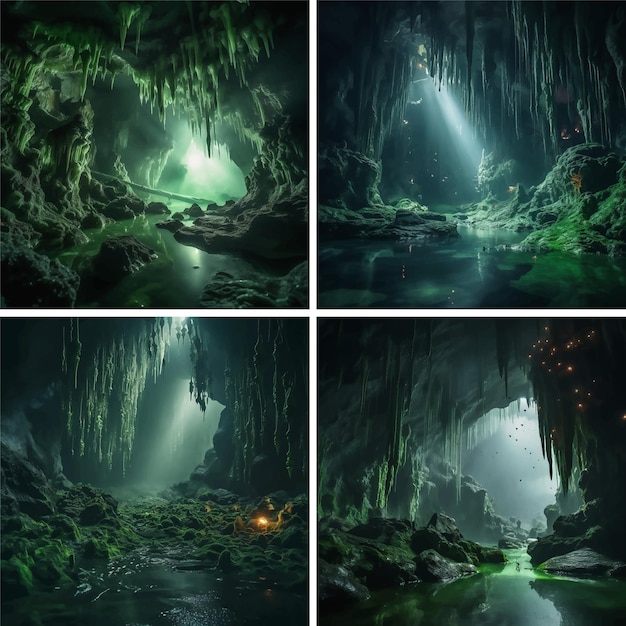 ベクトル ストリーム写真 湿った内側 照明 横の雨林 のトンネルフォーマット
