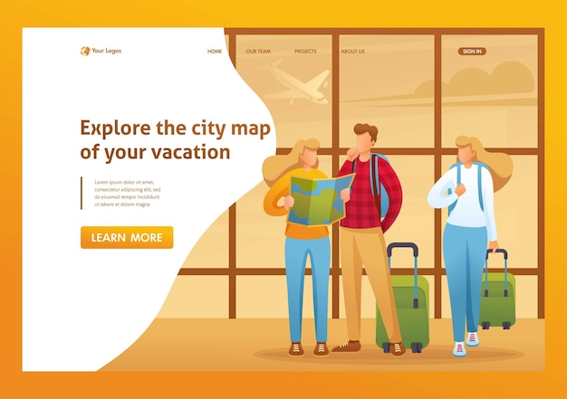 休暇中の観光客の市内地図を探索する 空港で地図を探索する フラットな 2d キャラクター ランディング ページのコンセプトと web デザイン