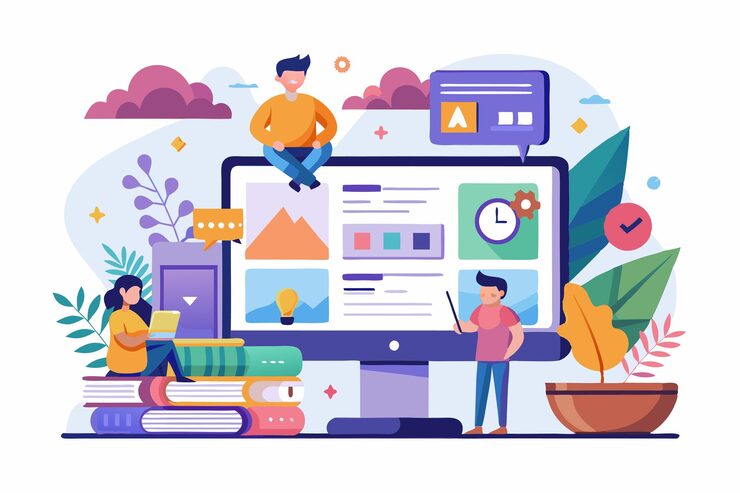 Vector 사용자 정의 옵션과 디자인 도구와 함께 웹 사이트 제작을 표시하는 활기찬 디지털 작업 공간을 탐색하십시오 사용자 정의 가능한 반 평평한 일러스트레이션으로 자신의 웹 사이트를 만들십시오.