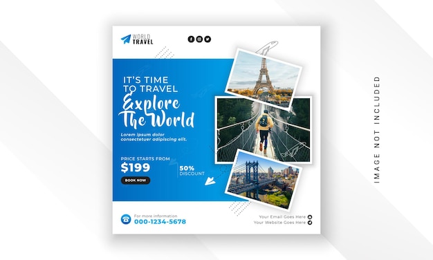 Explore the world modern creative travel social media post web banner square flyer design template