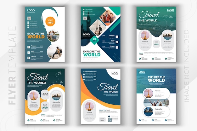 ベクトル 世界の旅行代理店と現代のビジネス web バナー広告の最小限のバンドル チラシ デザイン テンプレートを探索します。