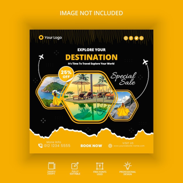 Исследуйте мировое туристическое агентство в социальных сетях, шаблон дизайна баннера 05