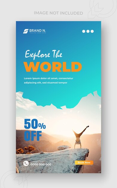 Vector explore the world travel social media holiday banner and 2 color gradient clean background or creative discount concept instagram story design template