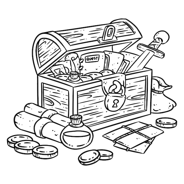 Explorer chest illustration for coloring. Fantasy character chest with adventure items. Treasure comic style. Gold coins, sword, potions