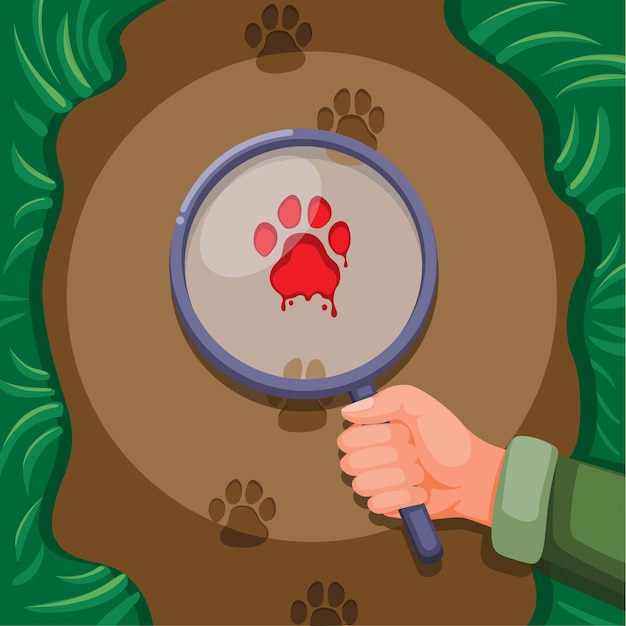 Explorer holding magnifier find clue on footstep animal wildlife illustration vector