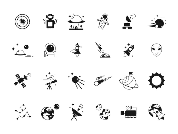 Explorer space icons. telescope shuttle astronauts in moon and various planets satellites.  silhouettes of space pictures